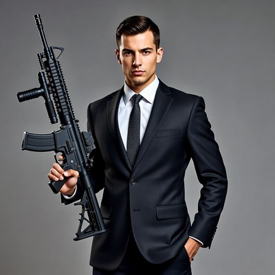 Man in suit holding assault rifle