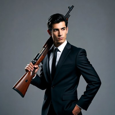 Man in suit holding rifle