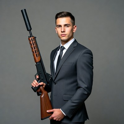 Man in suit holding rifle