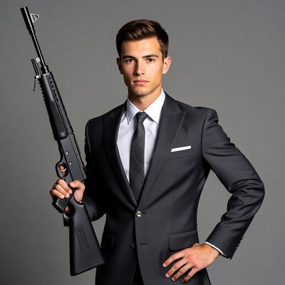 Man in suit holding rifle