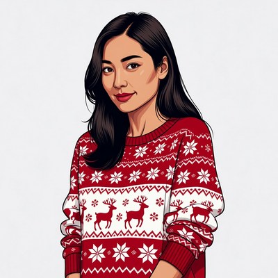 Asian woman in reindeer Christmas sweater