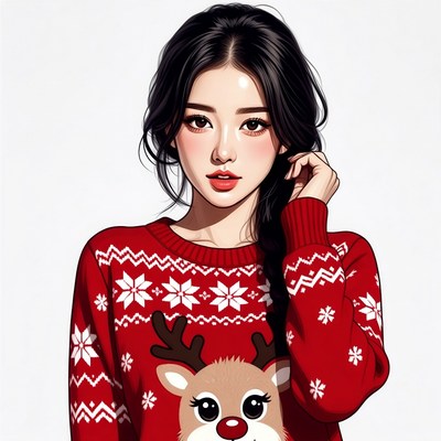 Asian woman in reindeer Christmas sweater