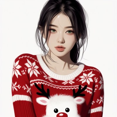 Asian woman in reindeer Christmas sweater