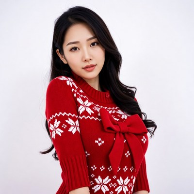 Asian woman in red Christmas sweater
