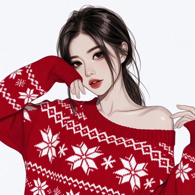 Asian woman in red Christmas sweater