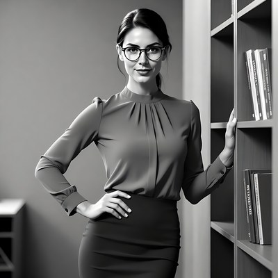 Professional woman leaning on bookshelf