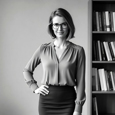 Smiling woman in glasses by bookshelf