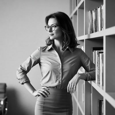 Woman in glasses posing by bookshelves
