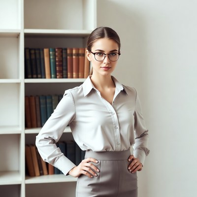 Woman in glasses standing by bookshelves