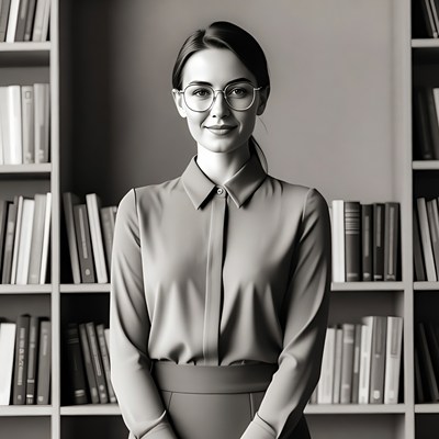 Woman in glasses standing by bookshelves