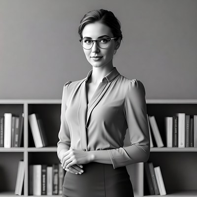 Woman in glasses standing by bookshelves