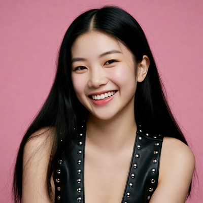 Asian woman smiling in black leather top