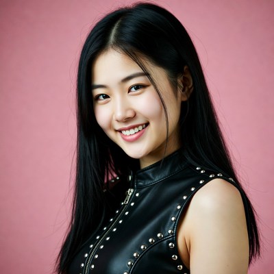 Asian woman smiling in black leather vest