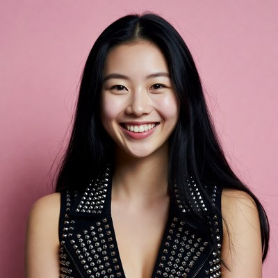 Asian woman in studded vest smiling