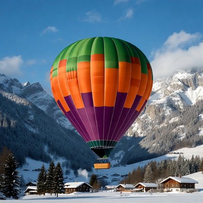 Colorful hot air balloon over snowy mountains