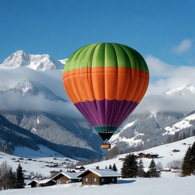 Colorful Hot Air Balloon over Snowy Mountains