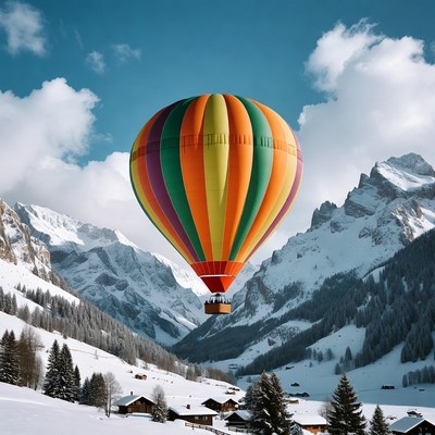Colorful hot air balloon over snowy mountains