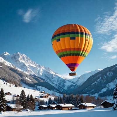 Hot air balloon over snowy mountains