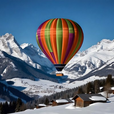Colorful hot air balloon over snowy mountains