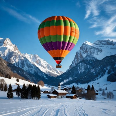 Colorful Hot Air Balloon over Snowy Mountains