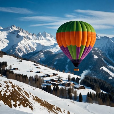 Colorful hot air balloon over snowy mountains