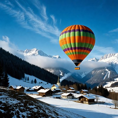 Hot air balloon over snowy alpine village