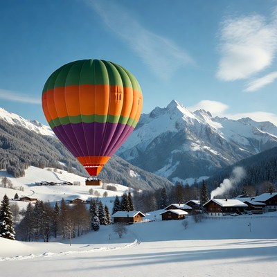 Colorful Hot Air Balloon Over Snowy Alpine Village