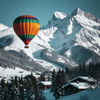 Colorful hot air balloon over snowy mountains