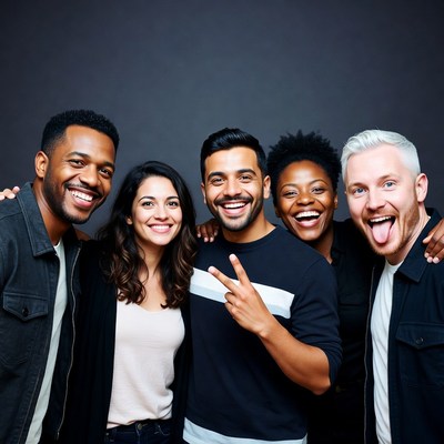 Diverse group smiling with peace sign