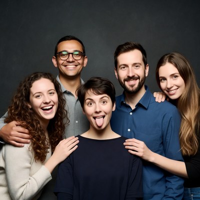Group of five friends smiling on dark background