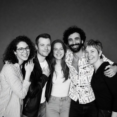 Group of five smiling diverse people