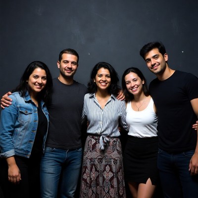 Group of five smiling diverse friends