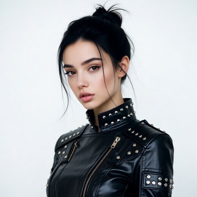 Woman in studded black leather jacket