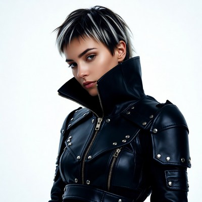 Woman in black leather jacket