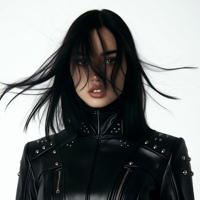 Asian woman in black leather jacket
