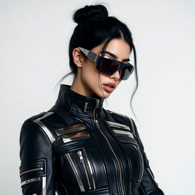 Woman in silver-trimmed black leather jacket