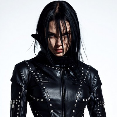 Woman in studded black leather jacket