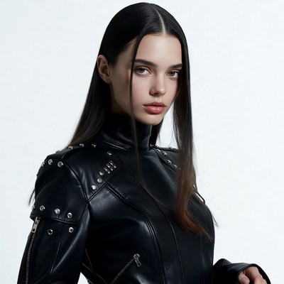 Woman in black studded leather jacket