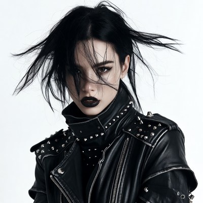 Asian woman in studded leather jacket