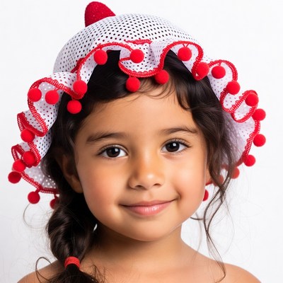 Latino girl wearing red pom pom hat
