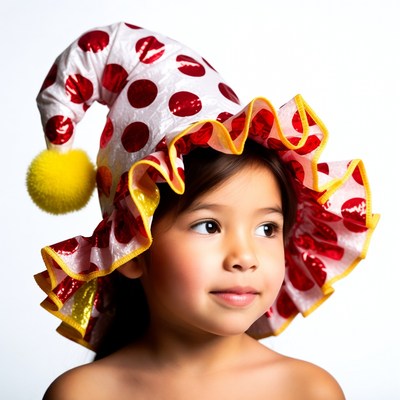 Asian girl wearing polka dot jester hat