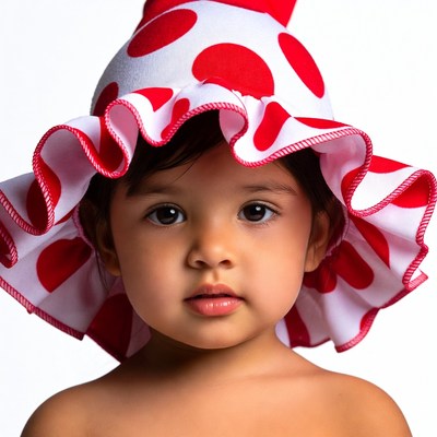 Baby girl in red polka dot shower cap