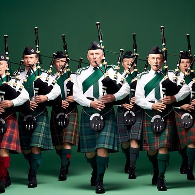 Bagpipers in kilt uniforms marching