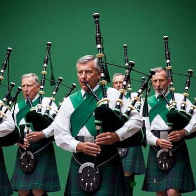 Bagpipers in kilt uniforms on green background