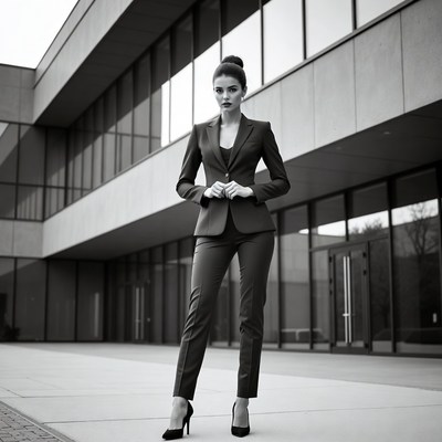 Woman in business suit outside modern building