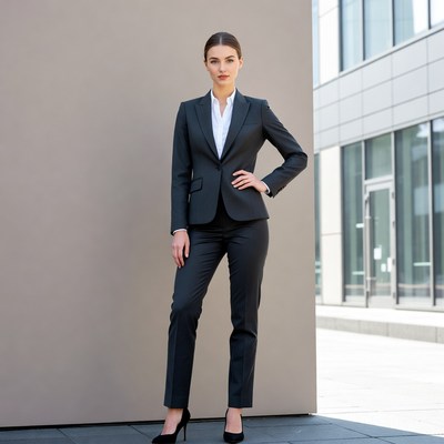 Woman in gray business suit outdoors