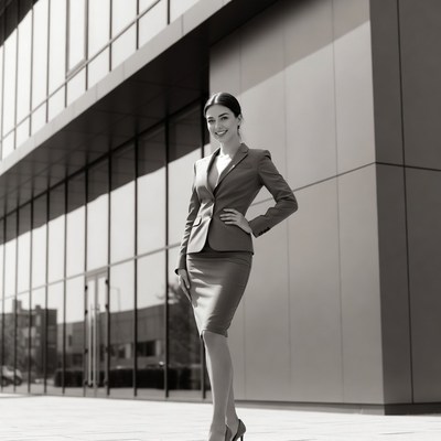 Business woman in suit outside modern building