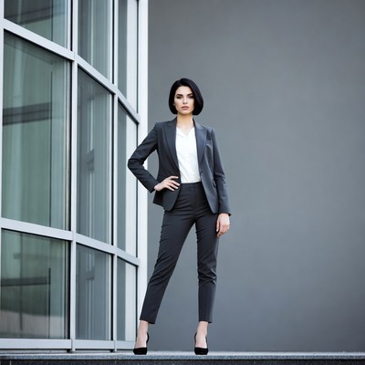 Woman in gray suit by glass building