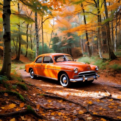 Vintage orange car in autumn forest