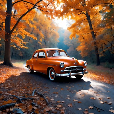 Vintage Orange Car in Autumn Forest